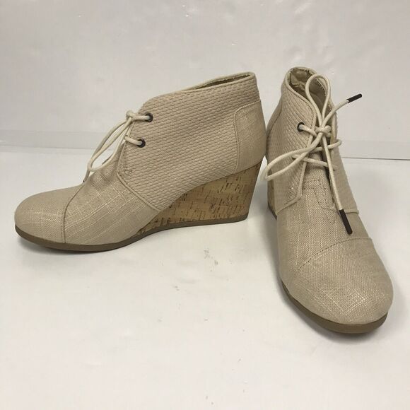 TOMS Ankle Booties Womens 10 Canvas Burlap Woven Cork Wedge Lace Up Heel - Picture 3 of 9